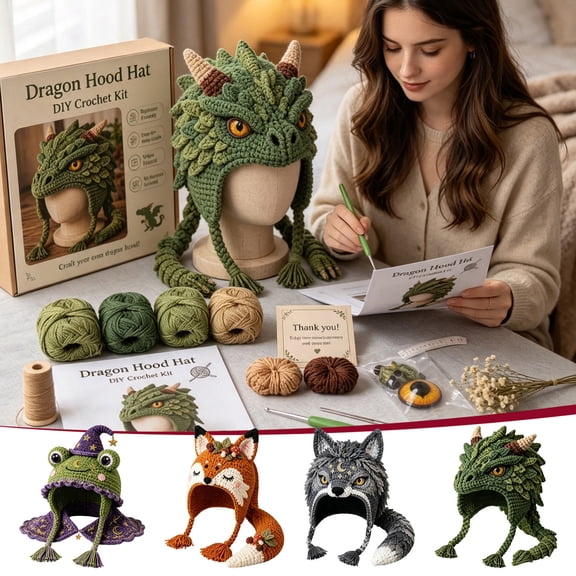 Fantasy Hood Hat DIY Crochet Kit Beginner Animal Earflap Warm | 5 Styles Dragon Frog Fox Wolf Rainbow Complete Set Yarn Hooks Needles Patterns Soft Comfortable Relaxing Creative (B)