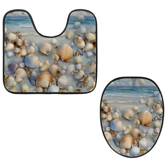 PhooArto Toilet Lid Cover and U-Shaped Toilet Floor Mat Set of 2 Pieces, Seashell Beach Pattern Toilet Mat Set, Machine Washable Seat Covers Non-Slip Absorbent Rugs
