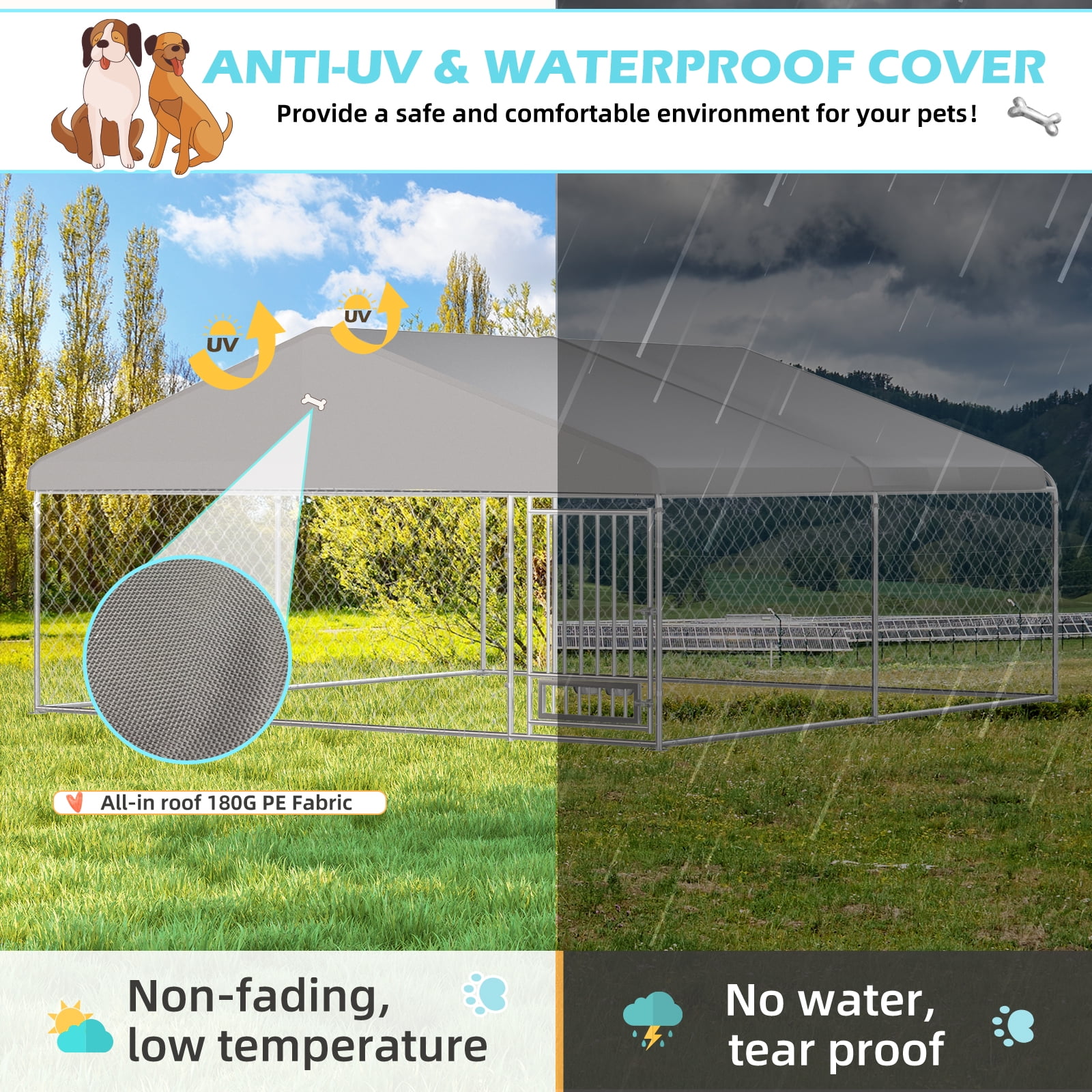 Erinnyees 13FT Outdoor Dog Kennel, Extra Large Dog House Pen Enclosure with Roof, Rotated Dog Bowls, Secure Lock, Wateproof Sunproof Cover