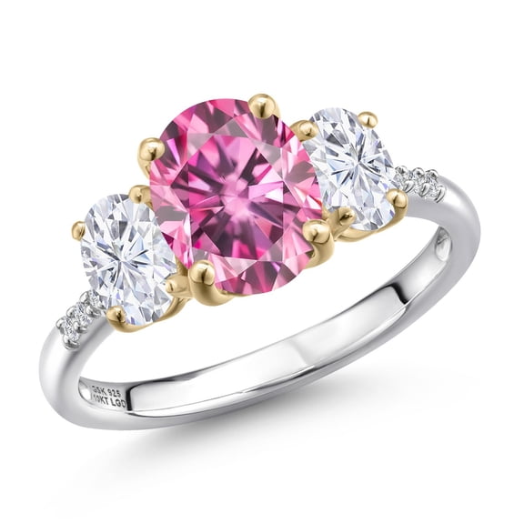 Gem Stone King 925 Silver and 10K Yellow Gold Pink Moissanite and White Moissanite and Lab Grown Diamond Engagement Ring for Women | 3.06 Cttw | Oval 9X7MM | Birthstone | Size 6