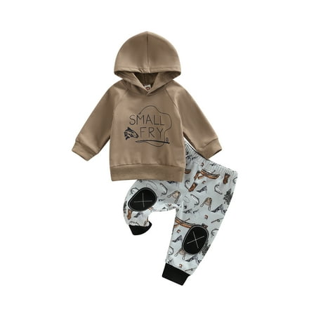 

xingqing Toddler Baby Boy Girl Fall Winter Outfits Letter Fish Long Sleeve Hooded Sweatshirt Drawstring Pants Coffee 18-24 Months
