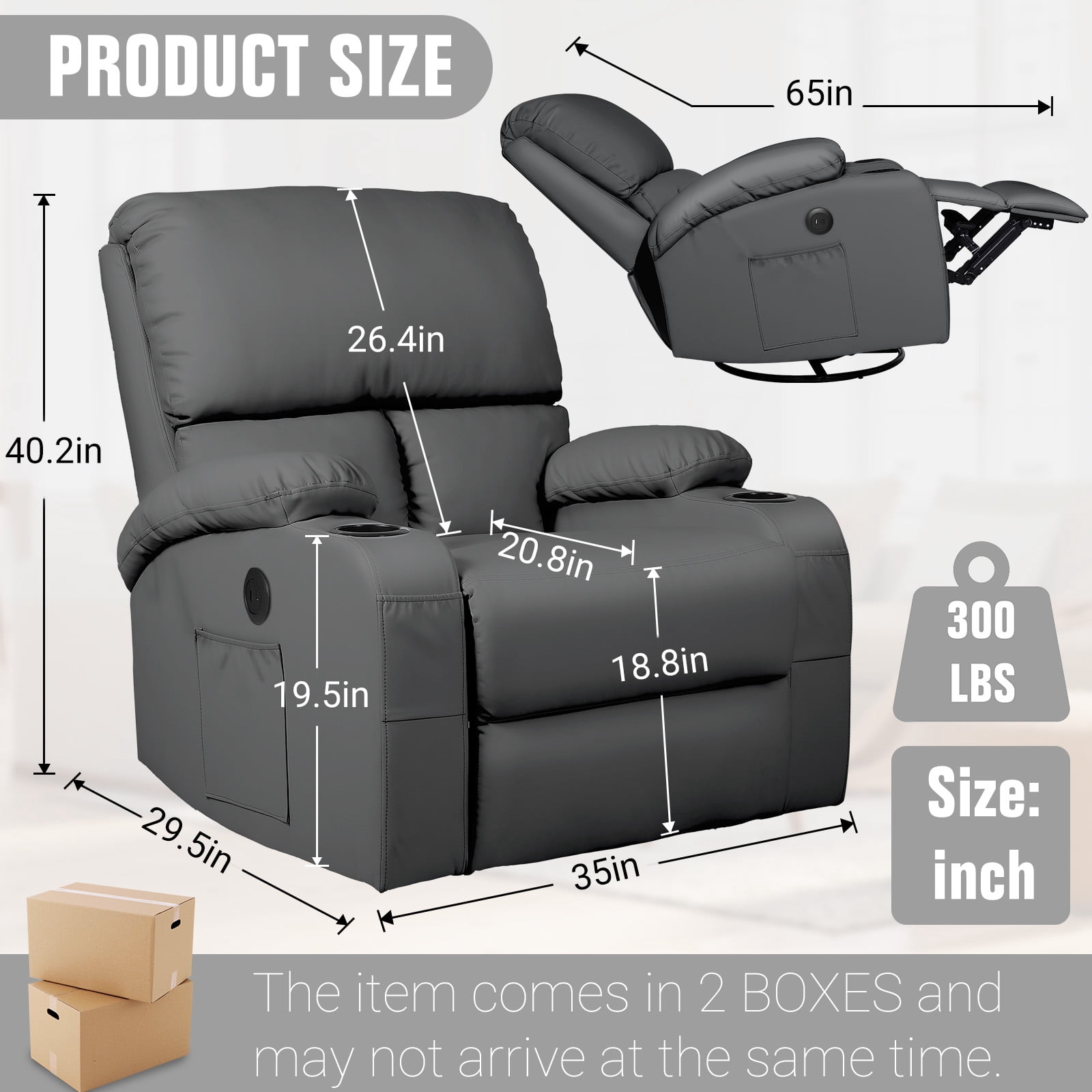 Rocking Recliner Chair, Massage Rocker Recliner Chair with Vibration Massage and Heat, USB and Type-C Ports,360° Swivel Faux Leather Chairs, Living Room, Bedroom, Nursery, RV, Dark grey