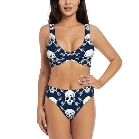Zeuib white arrow Skull High Waisted Tummy Control Bikini Set - Knot Front Push Up Top & Cheeky Thong Bottom  Two-Piece Swimsuit for Women-Large