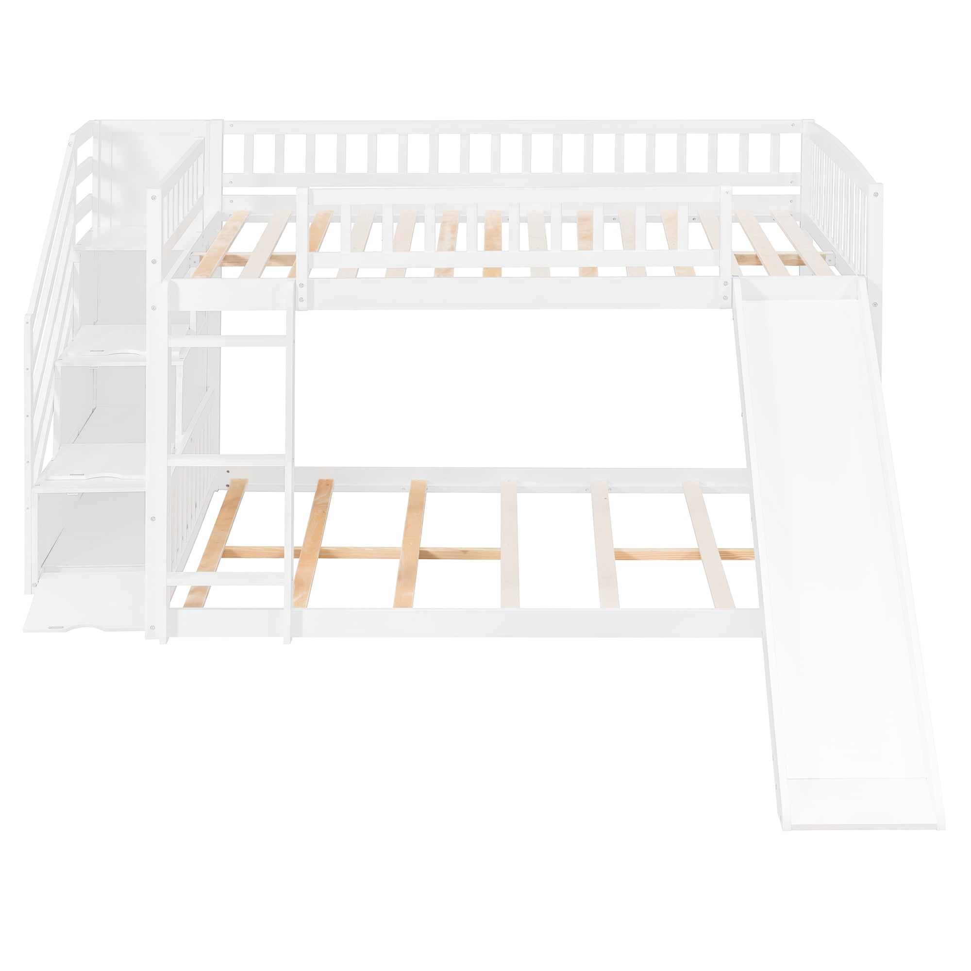 Mintazer Full Over Full Bunk Bed with Storage Staircase & Convertible Slide, Kids Bunk Bed Frame with Guardrails & Ladder, No Box Spring Needed, White