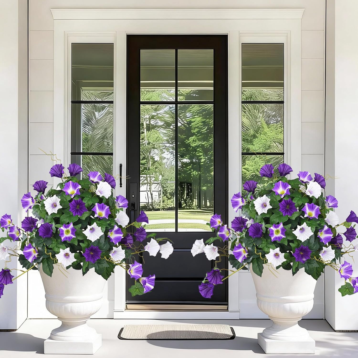 Lyacmy 2 Pack 19.7in Artificial Flowers Topiary Ball Trees for Outdoors, UV Resistant Lifelike Morning Glory Fake Bushes Plants with Ground Spike for Porch Garden Decor