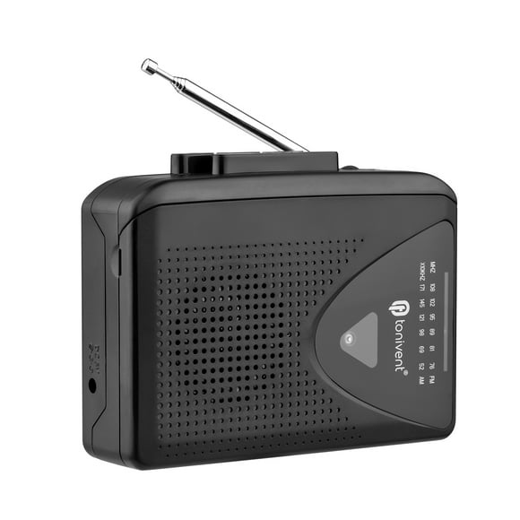 TONIVENT Portable 3-in-1 Cassette Player with FM/AM Radio and External Speaker - Vintage Style Black Tape Deck with 3.5mm Earphone Jack