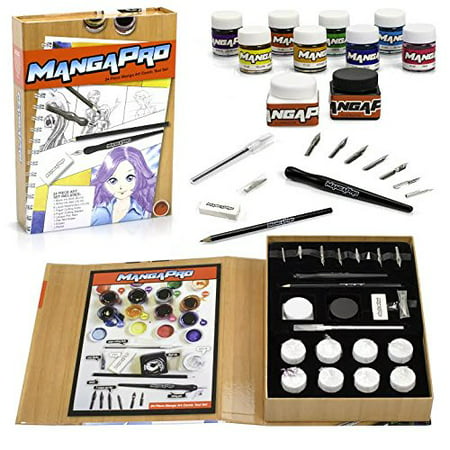 Art Drawing Set- 24 Pc Manga Animation and Comic Tool Set with Ink, Watercolors, Knives, Pen and Nibs, Eraser, and