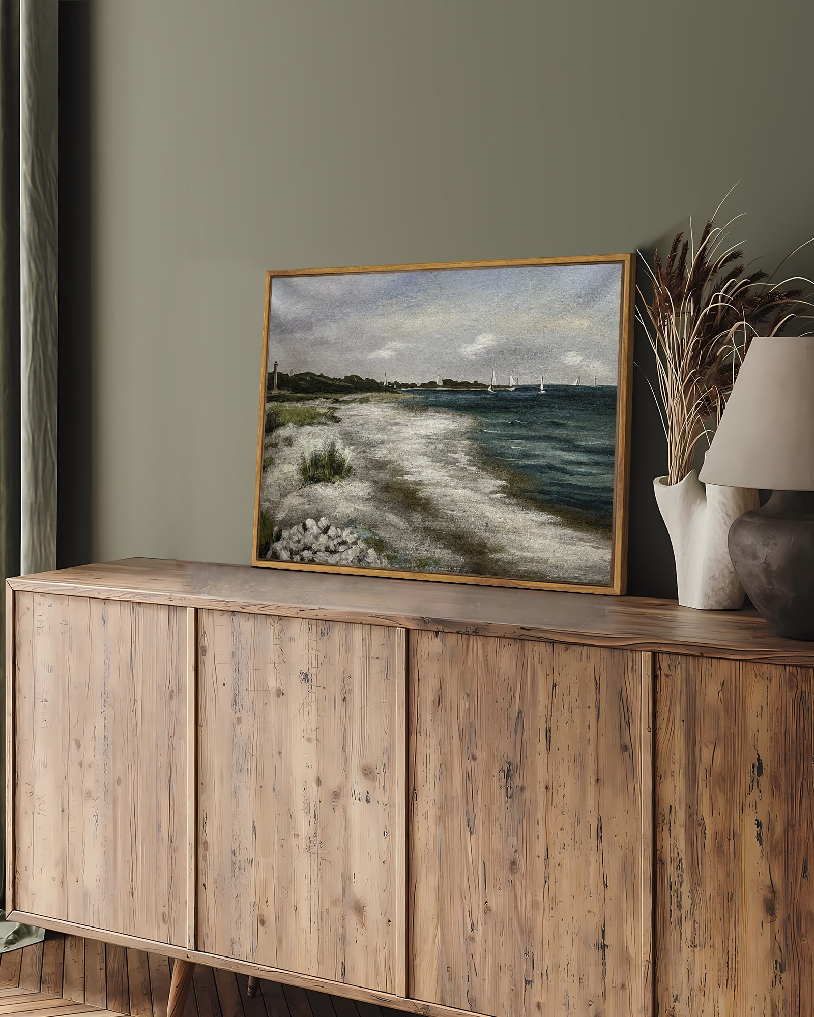 Drsoum 16x24in Coastal Wall Art Vintage Classical Ocean Painting Rural Hallway Bedroom Living Room Farmhouse Room Decor - Natural Framed