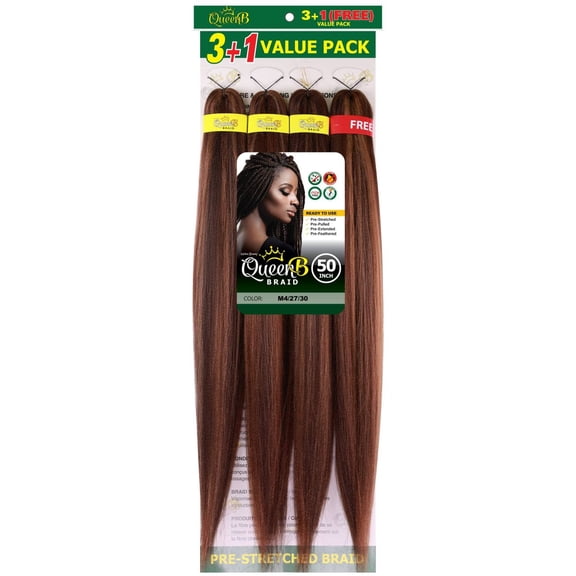 QueenB 4X Value Pack Pre-Stretched Braiding Hair 50” – Color M4/27/30