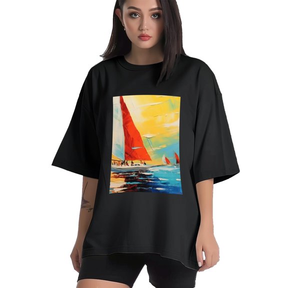 Plus Size Shirt for Women Black Tops for Women Short Sleeves Shirt for Women Sailboats 3 T Shirt Crewneck Shirt for Women XS