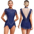 thumbnail image 3 of Miaeowve Women Figure Skating Ballet Dress Shiny Rhinestone Mesh Patchwork Tassel Gymnastics Leotard Navy Blue XXL, 3 of 7