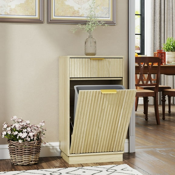 CQSXDA 10-Gallon Woodgrain Tilt-Out Trash Can Cabinet in Elegant Oak with Wave-Textured Drawer & Pull-Out Bin