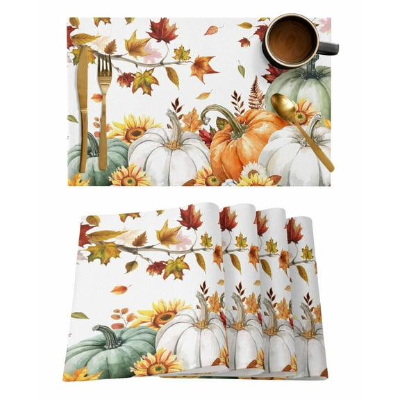 Placemats Set of 4 Thanksgiving Green Orange Pumpkin Fall Leaves Sunflower Heat Insulation Washable Place Mats, Rustic Non-Slip Table Mats for Dining Table Party Kitchen Decor,13x19 Inch