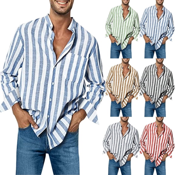 Blekii Men's Striped Print Button Front Collared Long Sleeve Shirt Top, Office Work Tops Streetwear Black