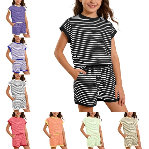 LIIPEE Girls Outfit Sets Summer Casual Striped Printed Short Sleeve Crew Neck T Shirt Elastic Waist Pockets Shorts 2 Piece Set Kids Children Cute Comfortable Breathable Daily Outfits,6-7 Years