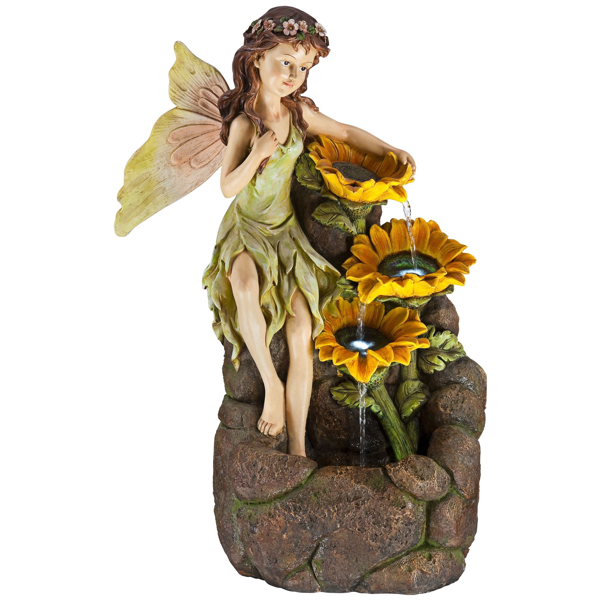 Garden Fairy with Sunflowers 26" High Large Modern Indoor Outdoor Decor Faux Stone Floor Fountain with Light LED