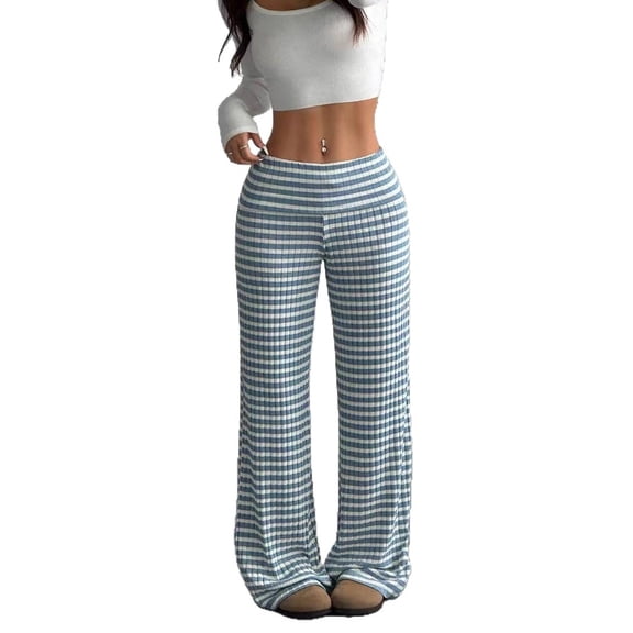 Women’s Knit Straight-Leg Pants, Soft Stretch Casual Trousers, Lightweight Striped or Solid Lounge Bottoms, High-Waist Relaxed Fit Pants for Daily Wear & Travel