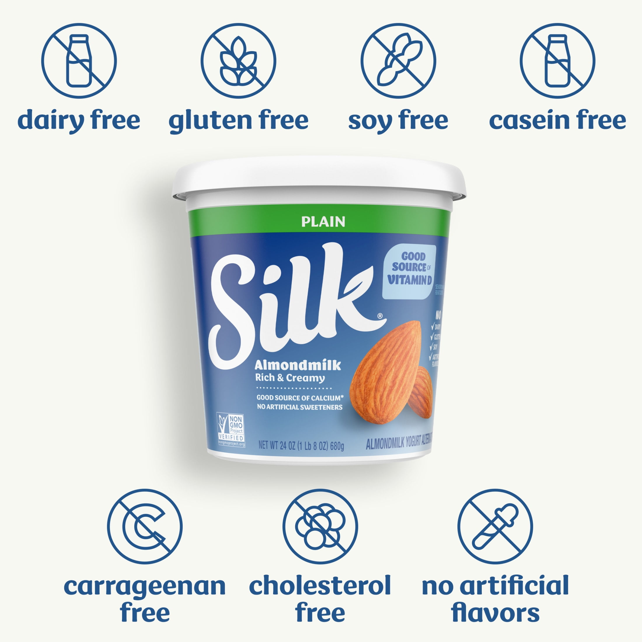 Silk Dairy Free, Plain Plant Based, Almond Milk Yogurt Alternative Tub, 24 oz