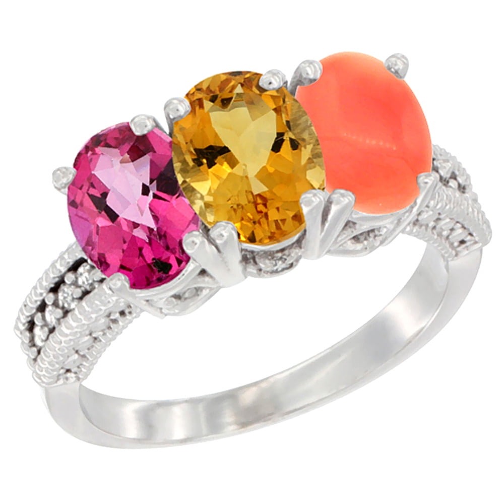 10K White Gold Natural Pink Topaz, Citrine & Coral Ring 3-Stone Oval 7x5 mm Diamond Accent, sizes 5 10 by WorldJewels