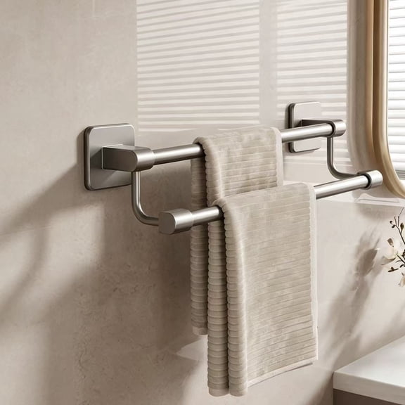 TIANFENG No Drill Bathroom Towel Rack, Wall Mounted Double Bar Space Saving Adhesive Towel Holder, Gray Aluminum & Plastic Storage Shelf