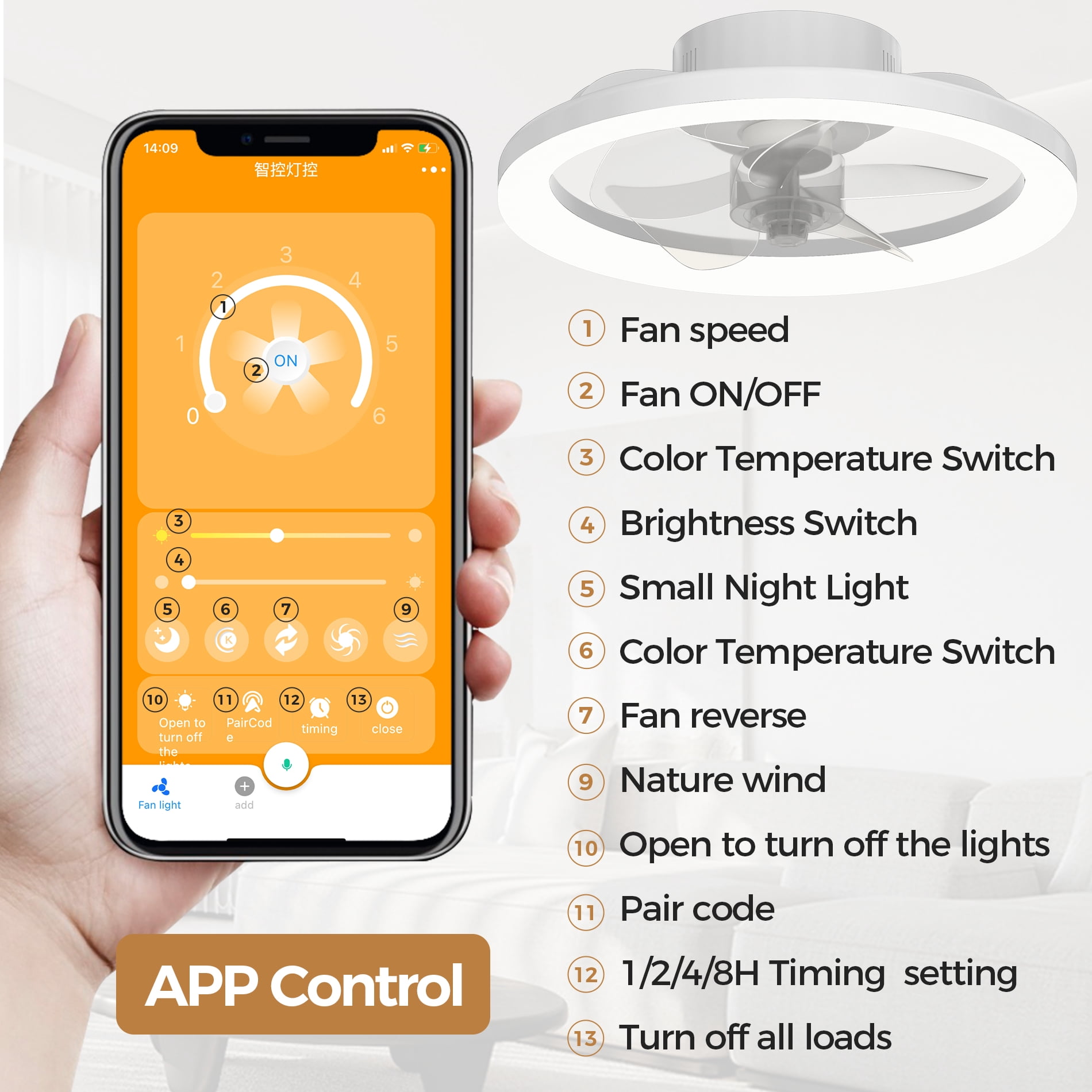Skvevn 16" Ceiling Fan for Bedroom, 3 Colors Lighting, 6 Wind Speeds, Remote & APP Control, Modern Dimmable LED Ceiling Fan