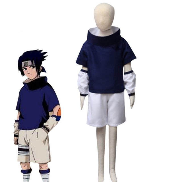 charming uchiha sasuke cosplay costume for kids halloween carnival party clothing Unisex kids set with navy short-sleeve hoodie and high funnel collar, white elastic-waist shorts, separate white arm sleeves and wristbands; 100% polyester anime-style outfit shown on mannequin against white background. Size S 110–130 cm, Size L 130–150 cm. Suitable for Halloween or carnaval dress-up.