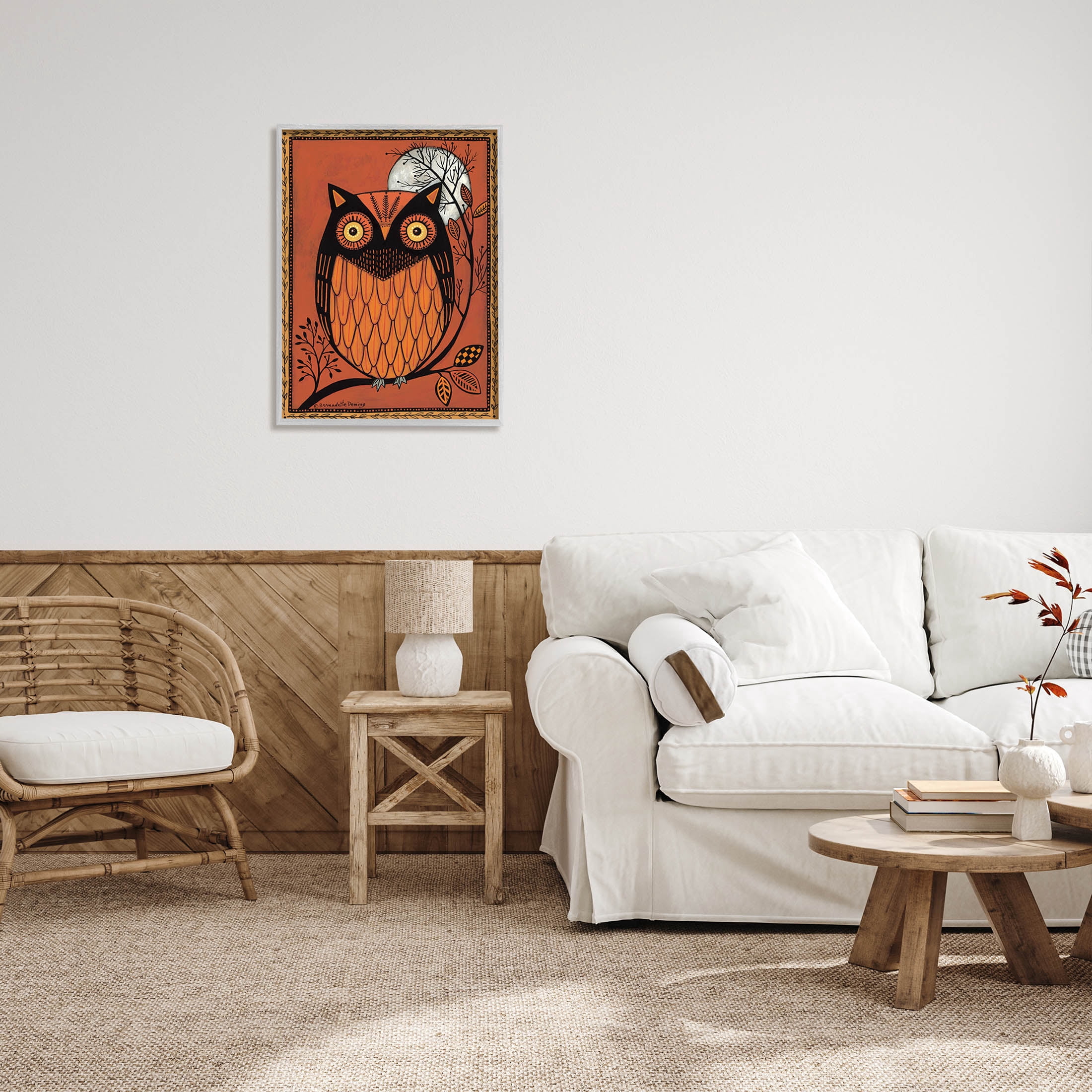Round Owl Autumn Botanical Border Holiday Graphic Art Gray Framed Art Print Wall Art
