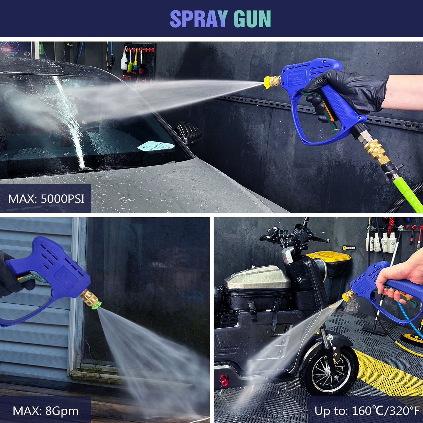 YeewayVeh Swivel Pressure Washer Gun, Short Washer Gun with 3/8" Quick Connect and M22 14 /15mm Fitting, Pressure Washer Gun for Foam Cannon with 2 Nozzles