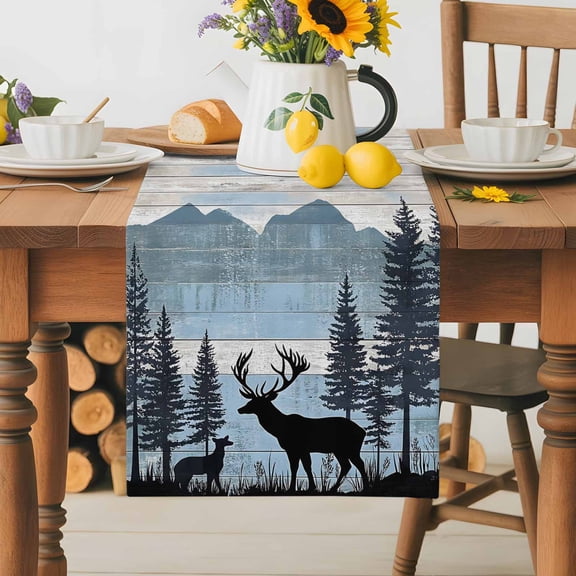 Burlap Table Runner 36 Inches Long,Elk Forest Mountain Animal Shadow Non-Slip Kitchen Table Runners for Dining Room Everyday Use Party Table Decorations Farm Vintage Wood Board