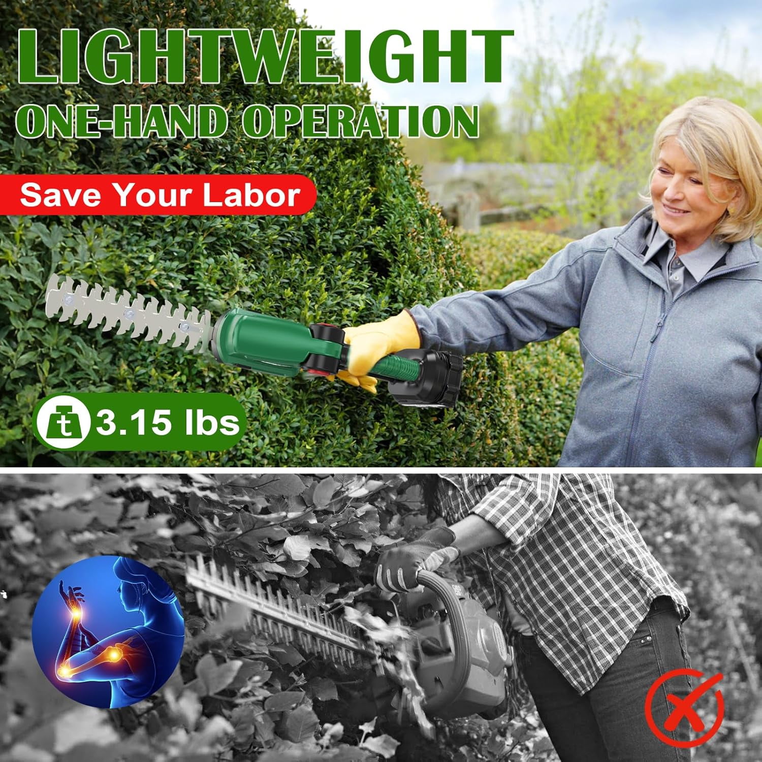Cordless Hedge Trimmer with 2x 3.0Ah Batteries, Quick Charge Electric Grass Shears for Garden Lawn