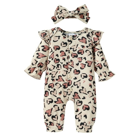 

koaiezne Toddler Girls Valentine s Day Long Sleeve Hearts Prints Ribbed Romper Jumpsuit Headbands Set Twin Girl Outfits Floral Jumpsuit Baby Girl