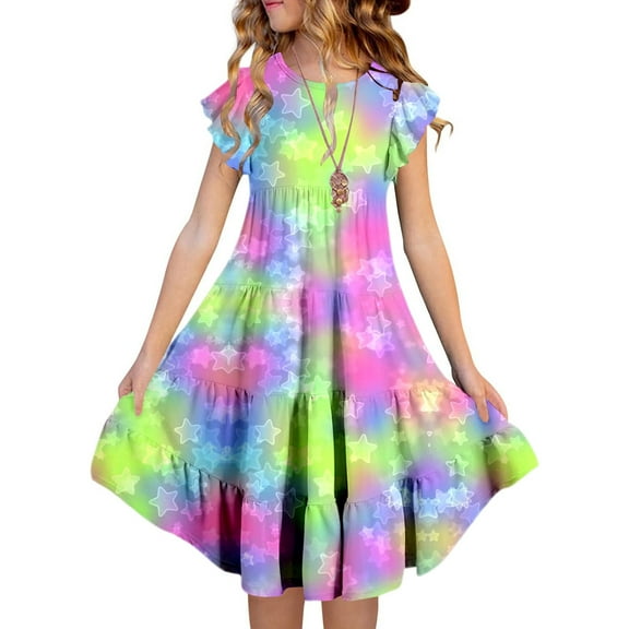 WOYY Girl's Tie Dyed Ruffle Sleeve Tiered Dress Summer Casual Flowy Dress, Sizes 6-15