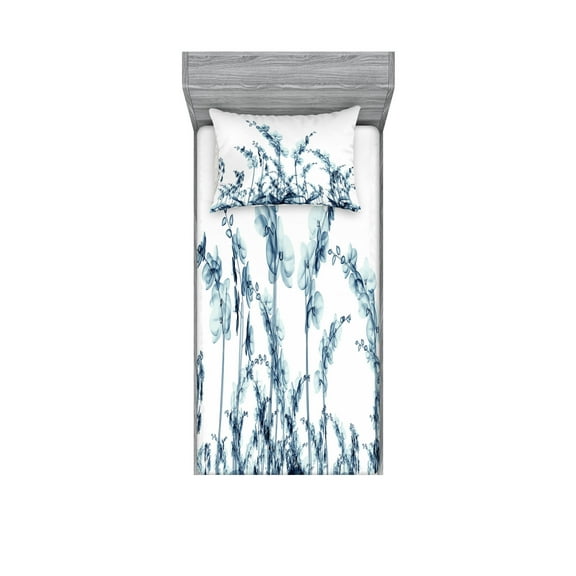 Ambesonne Floral Fitted Sheet & Pillow Sham Set, Wild Orchid Flowers, Twin, Teal White