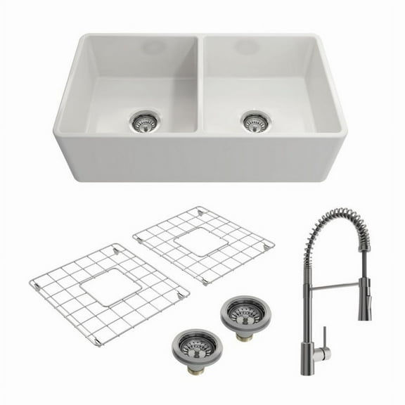 BOCCHI 1139-001-2020SS Farmhouse Fireclay 33 Inch Double Bowl Kitchen Sink Kit