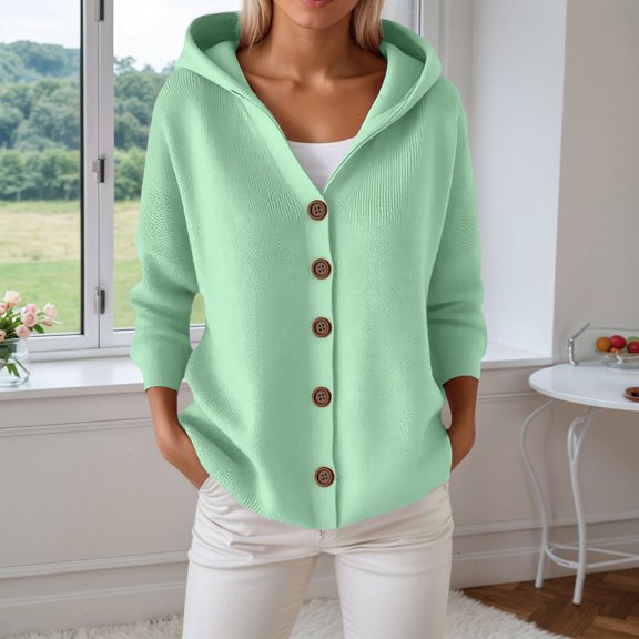 ZHOGXU Women's Hooded Cardigan Long Sleeve Open Front Buttons Solid Color Knit Comfortable Slim Fit Coat Jacket For Casual Daily Wear Green M