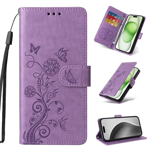 Designed for Samsung Galaxy S25 FE Case Wallet, Women Flip Folio Cover with Flower Bufferflies Embossed PU Leather Stand Credit Card Holders Slots Wrist Strap for Samsung Galaxy S25 FE - Purple