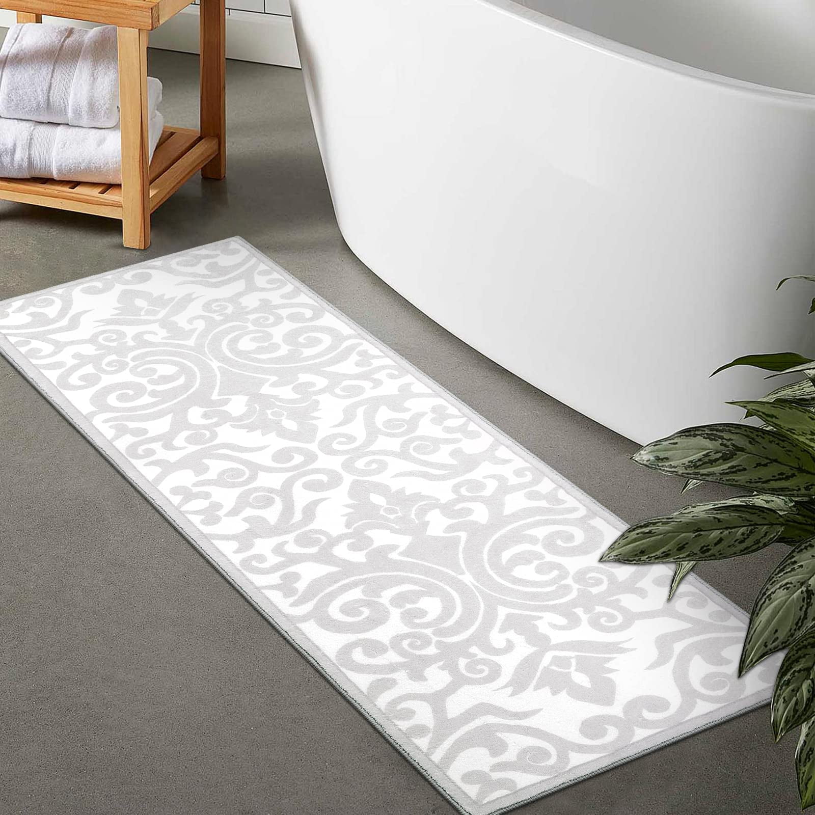 Uphome Bathroom Runner Light Gray Vintage Floral Long Bathroom Rugs Non