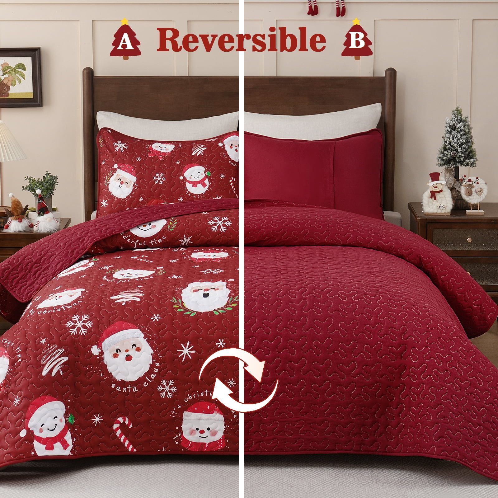 BLEUM CADE Christmas Quilts Queen Size 3 Piece, Santa Claus & Snowflake Quilt Bedding Set, Christmas Decor Soft Lightweight Bedspread Coverlet Set (1 Quilt, 2 Pillow Cases)