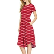 YUNDAI Women's Short Sleeve Polka Dot Casual Dress Pleated Loose Flowy Midi Dress With Pocket X-Small, Red