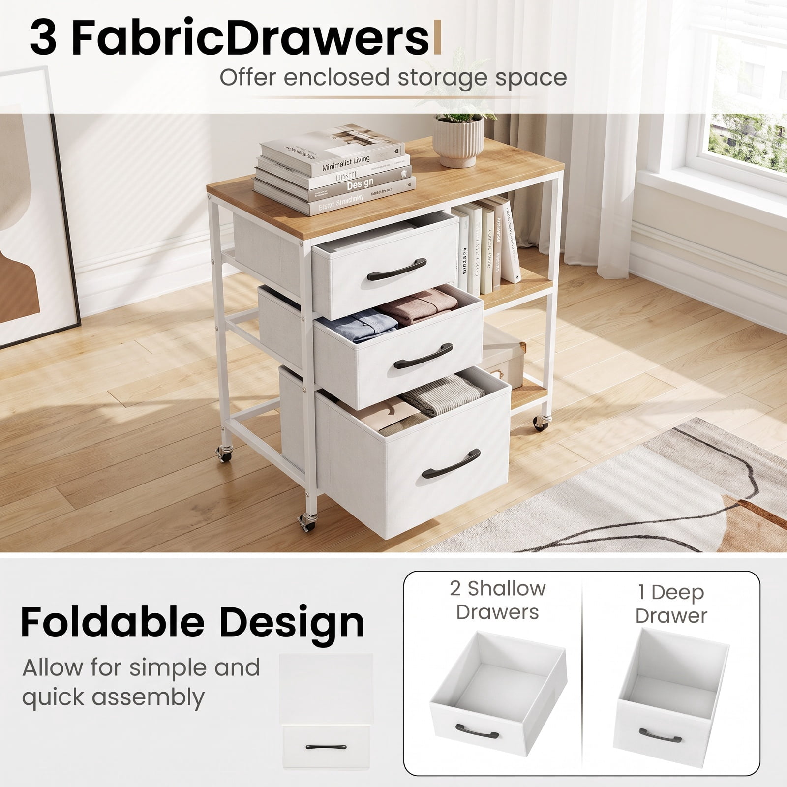 Furnibear 3 Drawer Mobile File Cabinet with Charging Station Rolling Printer Stand with Open Storage Shelves for Home Office Filing Document, Natural