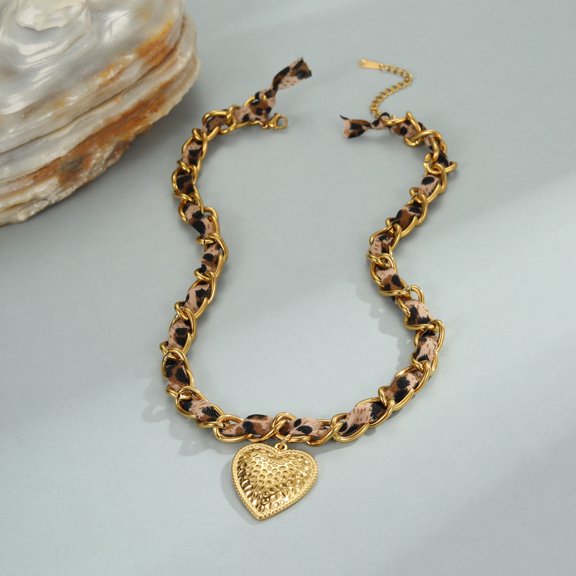NICKSUN 18K Gold Plated Stainless Steel Leopard Fabric Woven Heart Pendant Necklace, Trendy Mixed Chain Retro Clavicle Jewelry for Women