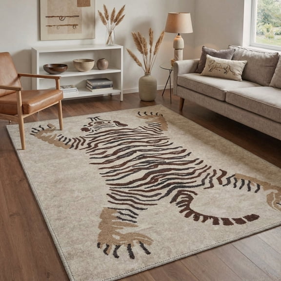 GENIMO 5'x7' Area Rug for Living Room, Machine Washable Non Slip Low Pile Rug for Bedroom Dining Room, Decorative Animal Print, Dusty Beige