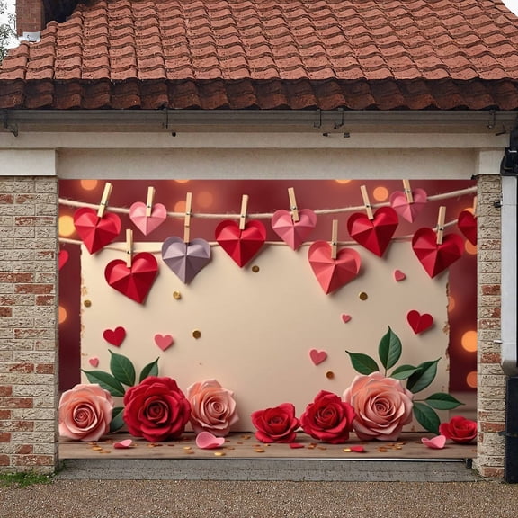 Red-pink Tone Valentine's Day Banner Heart-shaped Love Celebration Banner Gold Foil Accent 3D Paper Craft Romantic Display for Valentine's Day Party Wedding Reception Anniversary Celebration