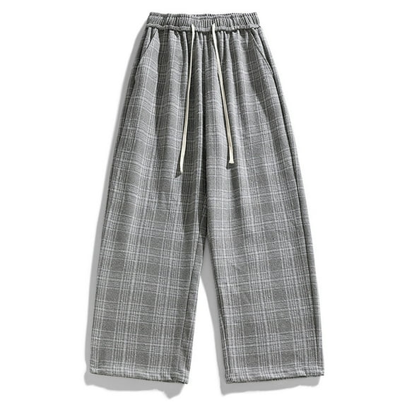 tarylea Fleece Lined Pants for Men Plaid Straight Leg Elastic Waist Drawstring Trousers Casual Warm Winter Pants with Pockets