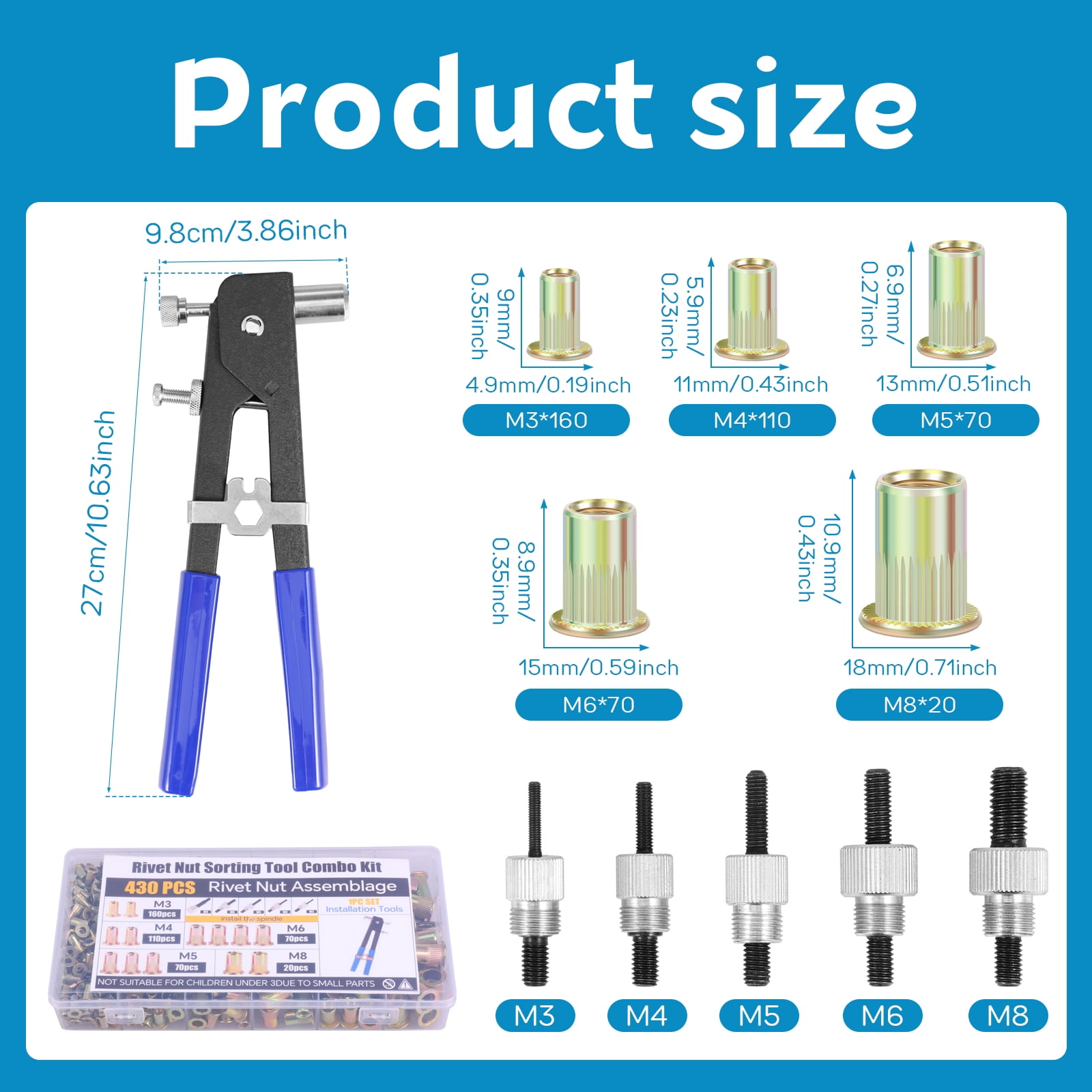 430Pcs Rivet Nut Tool Kit M3 M4 M5 M6 M8 Alloy Steel Rivnut Set for Automotive Aviation and Construction Application