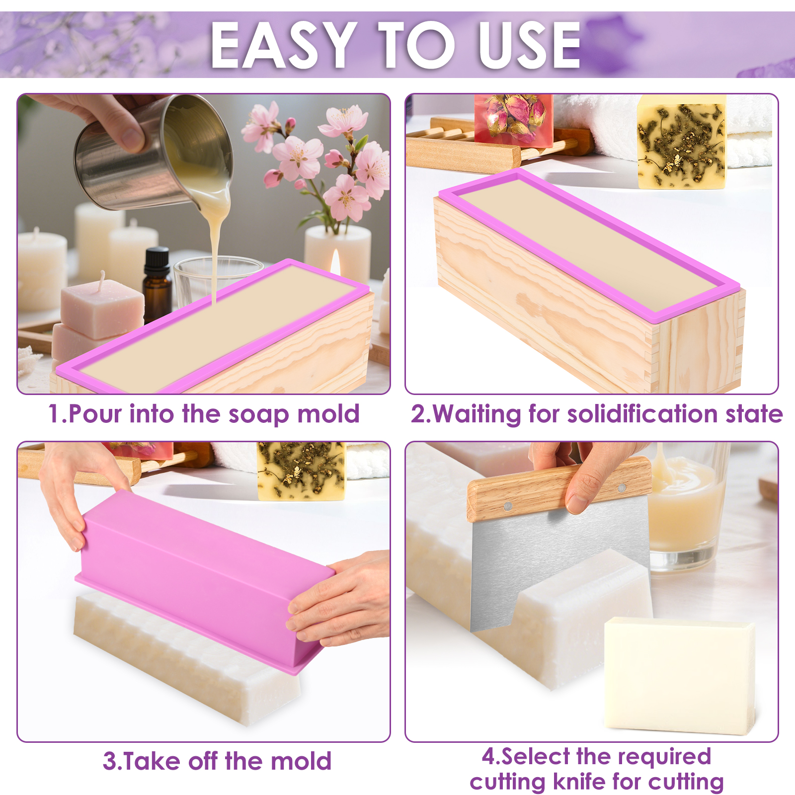NUAHRHY 2 Pcs Soap Mold Making Kit with Cutters, 40.58oz Rectangular Silicone Loaf Soap Mold with Wooden Box, Stainless Steel Wavy & Straight Scraper for Homemade Craft Soap Making Supplies