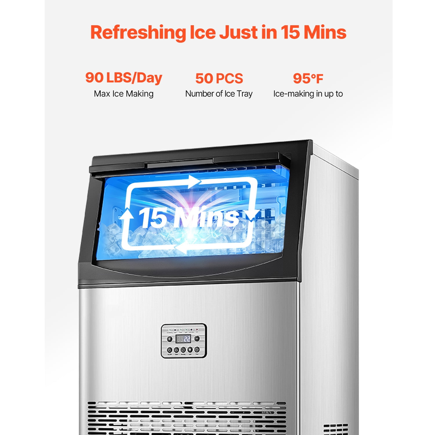 KFFKFF 90-100lbs/24H Commercial Ice Maker Machine Stainless Steel with 33lbs Storage Bins 50 Cubes Under Counter ice Machine 19 in W, 34 in H with Auto Clean