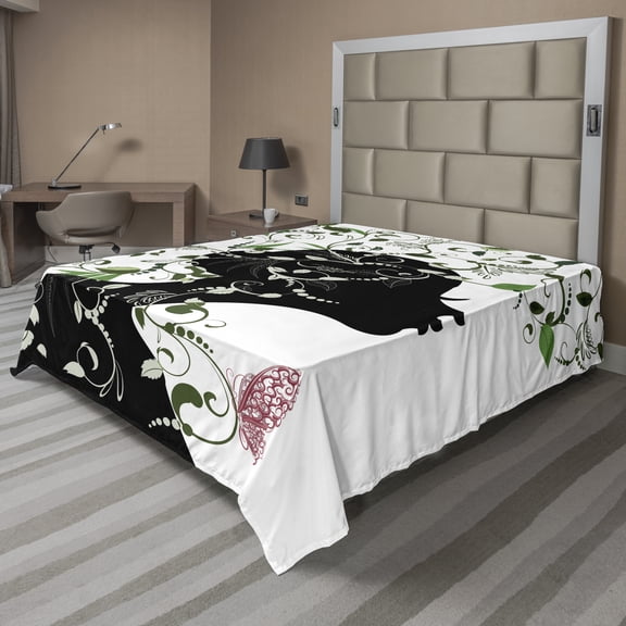 Floral Flat Sheet, Side Portrait of a Lady in Blossoming Leaves, Soft Comfortable Top Sheet Decorative Bedding 1 Piece, 6 Sizes, White Green, by Ambesonne