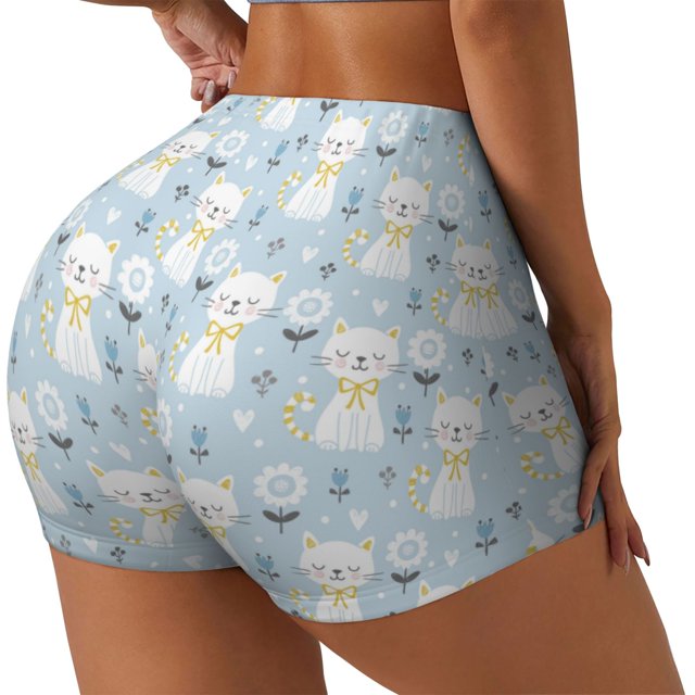 Balery Cute Cat Pantalones cortos de entrenamiento estampados para mujer, sin costuras, ajustados, para gimnasio, yoga, correr, deportes, ejercicio activo, fitness.-X-Large