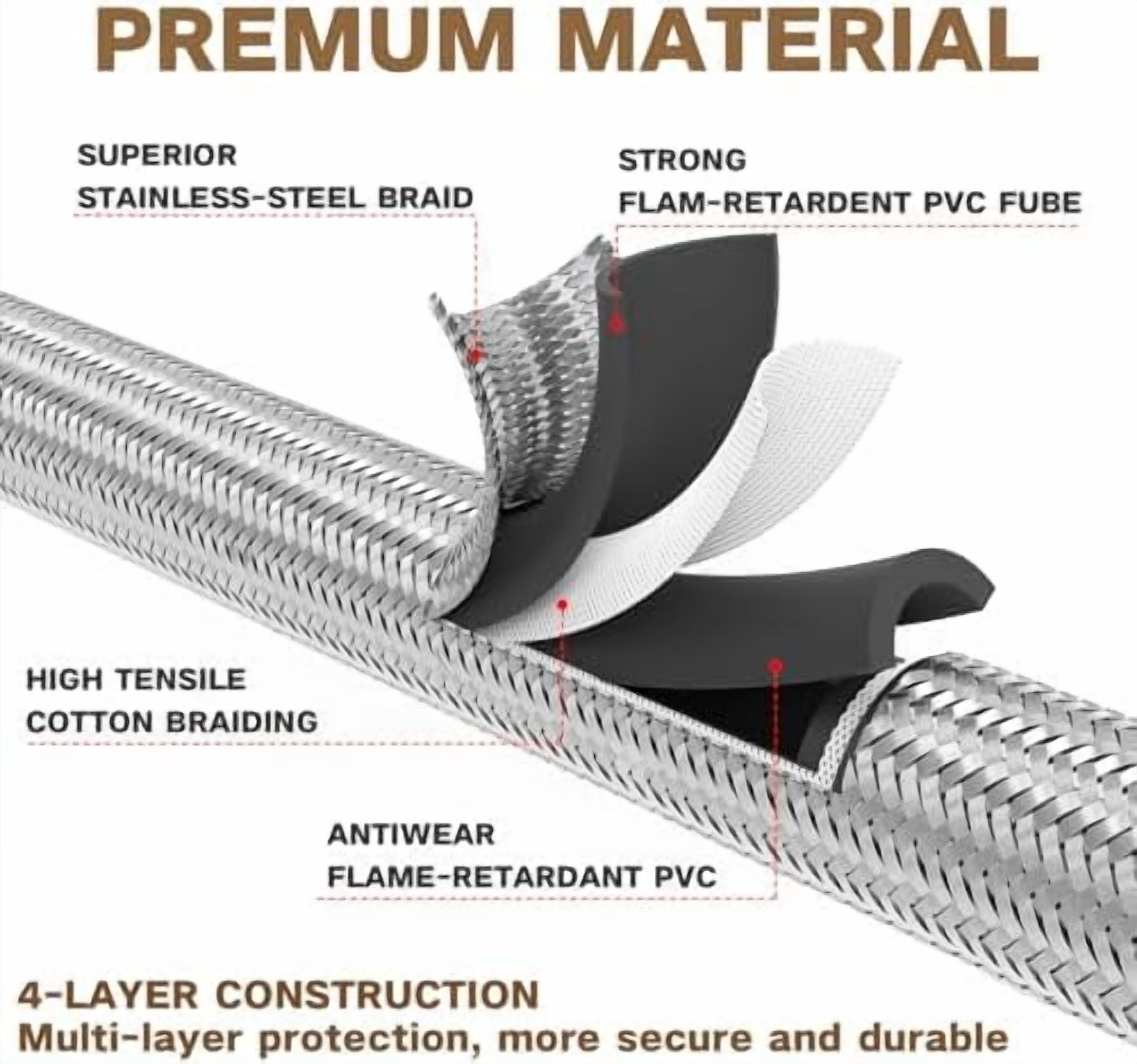 Upgraded 6 Feet High Pressure Braided Propane Hose Extension with Conversion Coupling 3/8" Flare to 1/2" Female NPT, 1/4" Male NPT, 3/8" Male Flare for BBQ Grill, Fire Pit